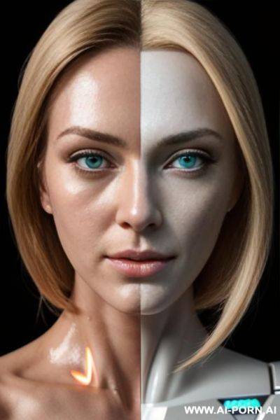 Beautiful blonde silicone robotic head, (missing skin in right half face exposing inner robotic parts and glowing robotic eye:1.3) - ai-porn.ai on pornintellect.com
