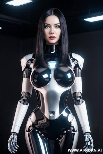 (robot total artificial body tranformer robot woman) with long black hair and black glossy gold metall threads, glowing blue robotic eyes, and a light natural pink complexion. her body is - ai-porn.ai on pornintellect.com