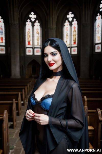 Sexy nun, ghotic style black makeup, red lipstick on her lips. sexy short slutty nun white headscarf - ai-porn.ai on pornintellect.com