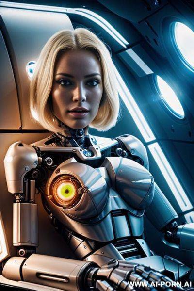Damaged beautiful blonde robotic porn star, sitting in armchair in spaceship, (missing skin in left half face exposing inner robotic parts and glowing robotic eye:1.3) - ai-porn.ai on pornintellect.com
