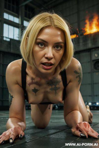 Gie style touch toes with hands, legs spread, red head, 30s, lots of tattos, show vagina, lust, chubby, camera from rear, on all fours. full nude, can see feet, eye contact - ai-porn.ai on pornintellect.com