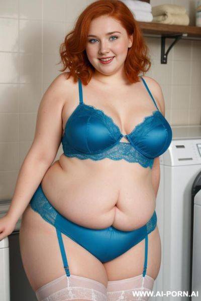 Half-length photo half body photo shot close up, as a setting in the laundry area, a ((obese)) fat chubby fat ((thick)) and bbw redhead british, she is washing clothes and is soaked in - ai-porn.ai - Britain on pornintellect.com