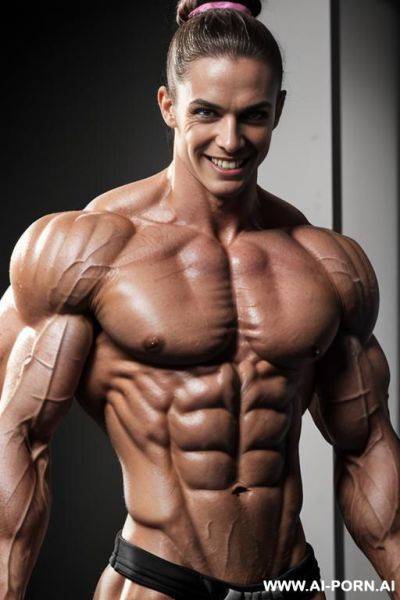(gym background), view increasing muscle size and definition, (naked), (nude), (shortest most muscular white woman only), ((short)), ((very white pallid skin)), ((hard erotic pink rosy full nipples)), - ai-porn.ai on pornintellect.com