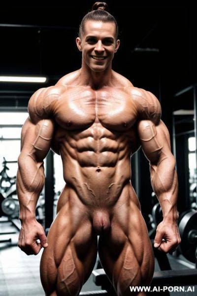 (gym background), view increasing muscle size and definition, (naked), (nude), (shortest most muscular white woman only), ((short)), ((very white pallid skin)), ((hard erotic pink rosy nipples)), hard - ai-porn.ai on pornintellect.com