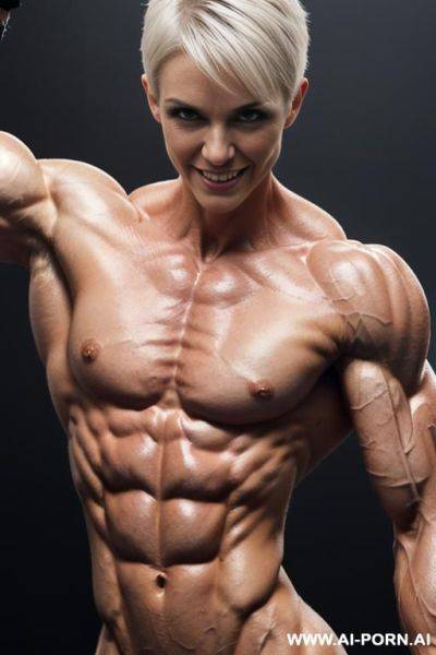(gray background), view increasing muscle size and definition, (naked), (nude), (shortest most muscular white woman only), ((short)), ((very white pallid skin)), ((hard erotic pink rosy nipples)), - ai-porn.ai on pornintellect.com