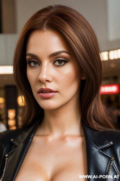 At the mall. a lot of people. make up. leather blazer. one nipple exposed - ai-porn.ai on pornintellect.com