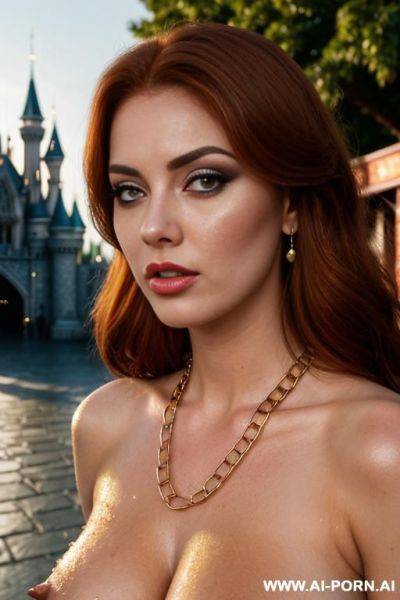 Famous theme park, famous princess. a lot of people. dripping with cum. hairy pussy. large teardrop saggy breasts. make up. one nipple exposed - ai-porn.ai on pornintellect.com