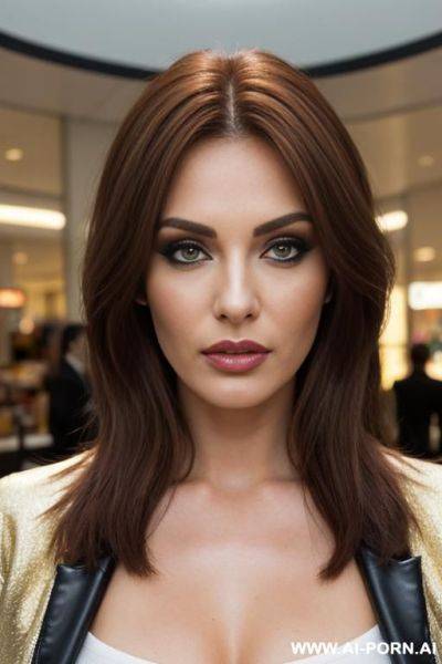 At the mall. a lot of people. make up. leather blazer. one nipple exposed. (ultra detailed photo), (hyper realistic photo) - ai-porn.ai on pornintellect.com
