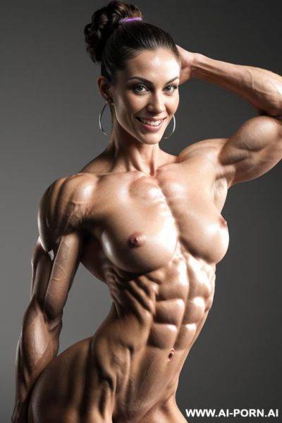 (gray background), view increasing muscle size and definition, (naked), (nude), (shortest most muscular white woman only), ((short)), (((very white pallid skin))), (hard erotic pink rosy nipples), - ai-porn.ai on pornintellect.com