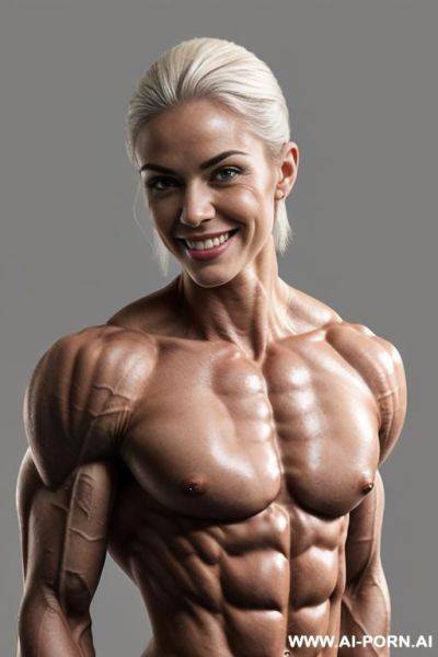 (gray background), view increasing muscle size and definition, (naked), (nude), (shortest most muscular white woman only), ((short)), ((very white pallid skin)), ((hard erotic pink rosy nipples)), - ai-porn.ai on pornintellect.com