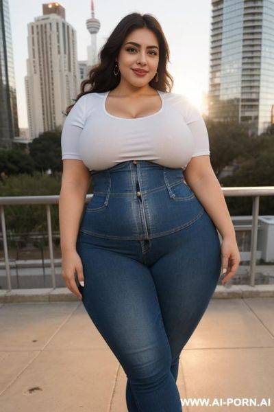 Latina, pear shaped, super thicc, supermodel, very wide huge hips, tight hip hugging high rise jeans, chicana, sunset, 23, white tshirt - ai-porn.ai on pornintellect.com