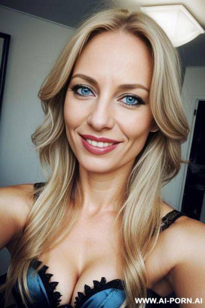 A european woman, smiling, blue eyes, long blond hair, very messy hair, lips, corset , selfie - ai-porn.ai on pornintellect.com