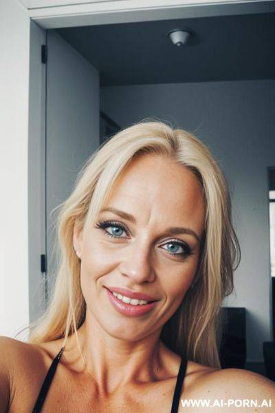 A european woman, smiling, tongue out, blue eyes, long blond hair, very messy hair, lips, buisness woman, selfie - ai-porn.ai on pornintellect.com