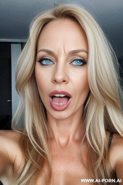 A european woman, tongue out, blue eyes, long blond hair, very messy hair, lips, buisness woman, selfie - ai-porn.ai on pornintellect.com