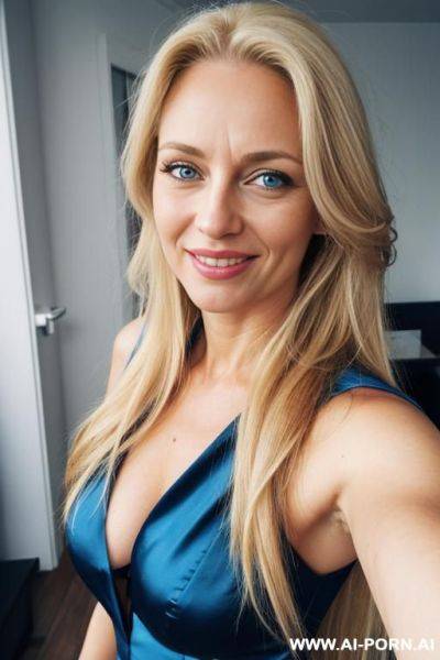 A european woman, smiling, blue eyes, long blond hair, very messy hair, lips, buisness woman, selfie, full body shot - ai-porn.ai on pornintellect.com
