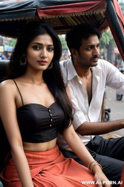 Desi woman wearing skirt dress sitting in rickshaw next to driver in front - ai-porn.ai on pornintellect.com