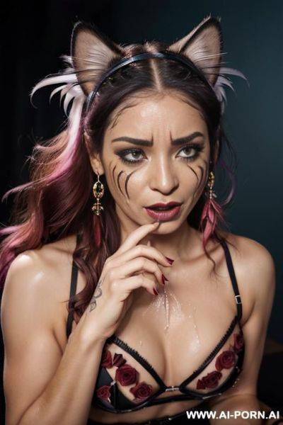 Face, ((sexy)), beautiful, ((tiger face)), ((split hair color in 2)), ((percing nose)), ((face painting)), ((bikini as seashell)), ((tattoo roses)), ((eyes shw)), ((angel wings)), ((rainbow hair)), ((one - ai-porn.ai on pornintellect.com