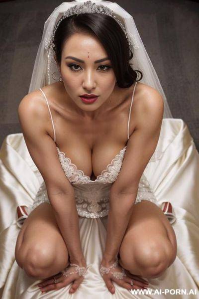 Asian bride wearing a bride veil no clothes on, big tits, handcuffed, has dark brown hair with a fringe, ponytail haircut, 1 old - ai-porn.ai on pornintellect.com