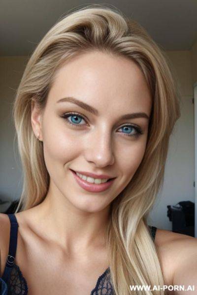 A european woman, smiling, 20 years old, blue eyes, long blond hair, very messy hair, lips, bra, jean, selfie - ai-porn.ai on pornintellect.com