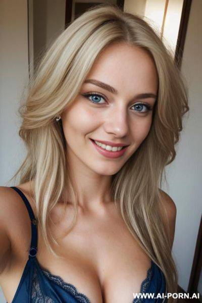 A european woman, smiling, 20 years old, blue eyes, long blond hair, very messy hair, lips, bra, jean, selfie, large view - ai-porn.ai on pornintellect.com