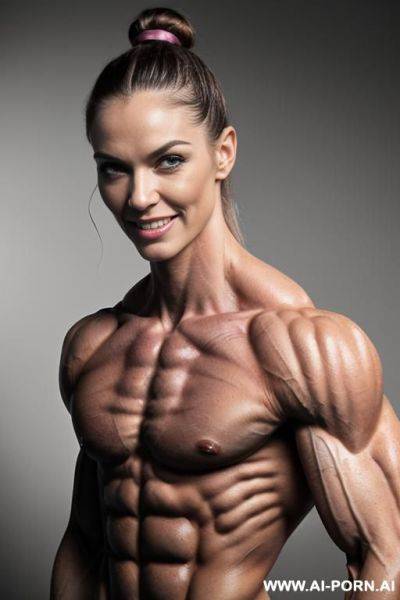 (gray background), view increasing muscle size and definition, (naked), (nude), (shortest most muscular white woman only), ((short)), (((very white pallid skin))), (hard erotic pink rosy nipples), - ai-porn.ai on pornintellect.com