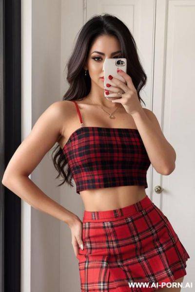 Latina, red plaid crop top, short skirt - ai-porn.ai on pornintellect.com