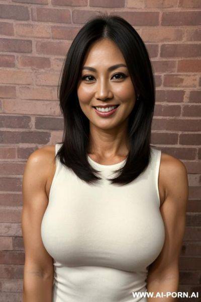 (sleeveless crew neck shirt), brick wall background , (supermodel), suburban mom, lean, (photorealistic) (tanned japanese ), (ultra detailed photo), (hyper realistic photo), (busty), - ai-porn.ai - Japan on pornintellect.com