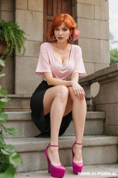(((full body shot))), hoop earings, (stylish pixie haircut), (most beautiful women ever), (sexy milf), photorealistic image of an alluring sitting seductively on stone stairs, showing pussy, (legs - ai-porn.ai - India on pornintellect.com