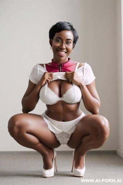 Hot sexy tall woman dark skin huge tits pixie hair cut very high platform heels glasses - ai-porn.ai on pornintellect.com