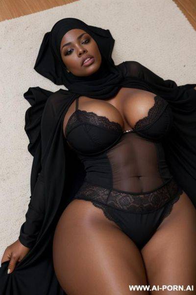 A black woman with a big ass, wide hips, and large, massive breasts. deep cleavage. she is wearing a black hijjab that covers her body. lying on the floor. - ai-porn.ai on pornintellect.com