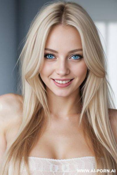 A european woman, smiling, 20 years old, blue eyes, long blond hair, very messy hair, lips, naked, levrette position - ai-porn.ai on pornintellect.com