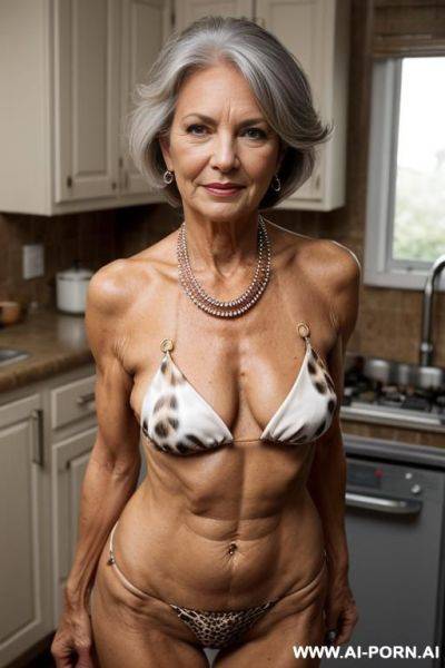Matured old milf, wrinkles, wrinkled skin, aging marks, extremely tanned skin, animal print topless bikini, necklace, elries, perfect eyes, waist shot, topless, topless, topless, kitchen - ai-porn.ai on pornintellect.com