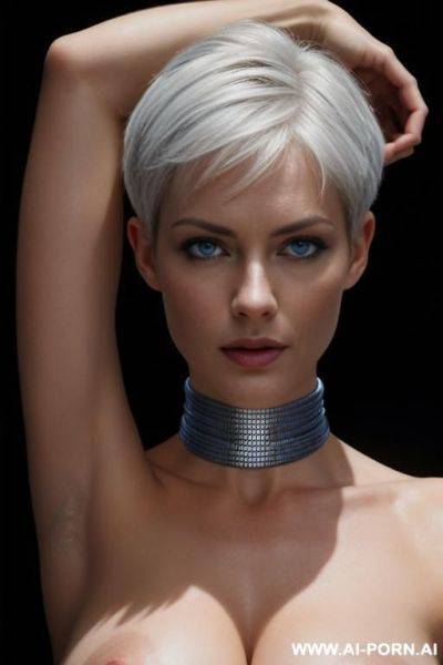 Cinematic ultra-realistic photo of a european woman, seductive face, 1, blue eyes, with arms up and chocker, natural tits, naked, captured with a professional dslr, hdr detail, studio light, close up shot, dramatic face, , hot, fully lit - ai-porn.ai on pornintellect.com