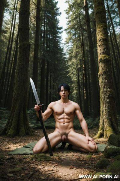 Make an adventure male nude in the forest with anime style. he holding a sword. on the ground is his cloth - ai-porn.ai on pornintellect.com
