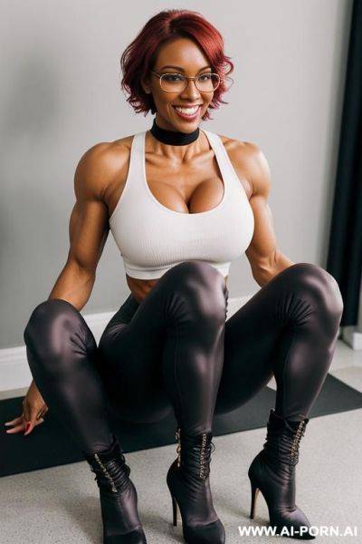 Hot sexy tall woman dark skin huge tits pixie haircut high heels glasses (military boots) choker collar wedding ring - ai-porn.ai on pornintellect.com