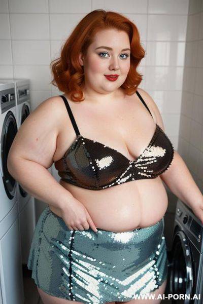 Half-length photo, ((half body photo shot close up)). as a set in the laundry area, a (((very obese))) fat chubby fat thick and bbw redhead british, ((she is washing clothes)). she has lovehandless. she is wearing ((a sequins micro-skirt pinup lingerie)). - ai-porn.ai - Britain on pornintellect.com