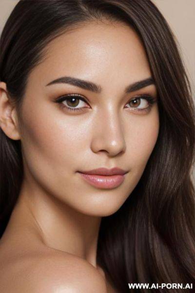 A highly detailed portrait of a woman in her early 20s with , m light-to-medium skin tone. she has a soft, oval face with subtle contouring, expressive light brown eyes framed by long dark - ai-porn.ai on pornintellect.com