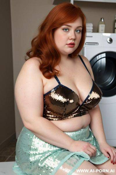 Half-length photo, ((half body photo shot close up)). as a set in the laundry area, a (((very obese))) fat chubby fat thick and bbw redhead british 1 old, ((she is washing clothes)). she - ai-porn.ai - Britain on pornintellect.com