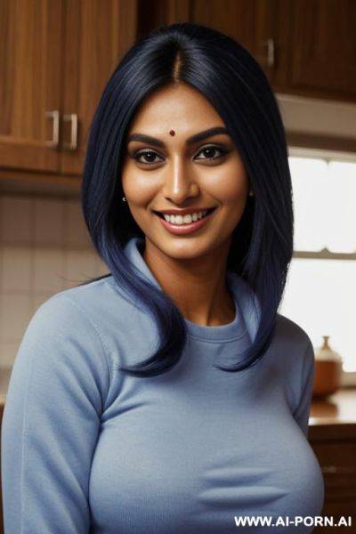Blue crew neck sweatshirt, , texan farmhouse kitchen , (supermodel), (lean) (photorealistic) (tanned indian ), (ultra detailed photo), (hyper realistic photo), (busty), - ai-porn.ai - India on pornintellect.com