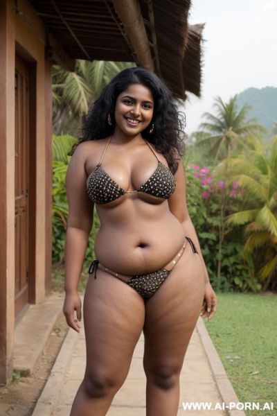Indian chubby, long curly hair, dark skin, standing, front view, smiling, legs wide open, near village house, legs wide open, hairy, extremely low bikini, hairy pubic area, dark nipples - ai-porn.ai - India on pornintellect.com