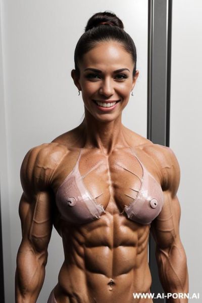 (((nude puertorican short extremely muscular beautiful smiling fbb woman c. marquez))), nude shredded pecs, shredded biceps, shredded abs, shredded traps, shredded lats, shredded delts, innerpecs, - ai-porn.ai on pornintellect.com