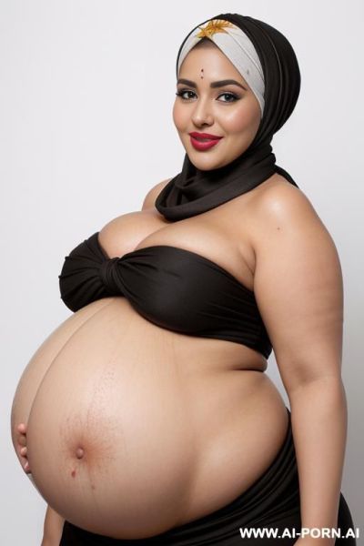 Busty horny bimbo, gigantic boobs, pakistani woman, very wide hips, black eyes, pin up look, big lips, big brown nipples and areolas, in photo studio, white background, (((arabic head scarf))), full body shot - ai-porn.ai - Pakistan on pornintellect.com