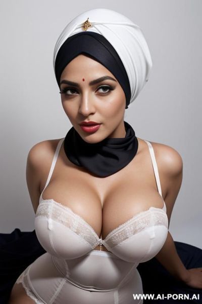 Busty horny bimbo, gigantic boobs, pakistani brown skinned woman, very wide hips, black eyes, pin up look, big lips, big brown nipples and areolas, in photo studio, white background, (((arabic head scarf))), full body shot, white bridal lingerie - ai-porn.ai - Pakistan on pornintellect.com