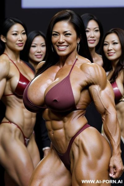 A muscle massive ass big boobed mature woman wearing a business suit is surrounded by naked many taller women, japanese, surprised and smile - ai-porn.ai - Japan on pornintellect.com