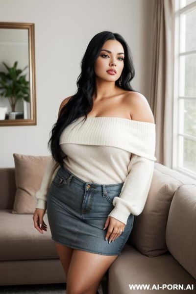 "a photo of a curvy woman with long black hair, wearing a short, off-the-shoulder brown. she is standing indoors in a modern living room, posing in front of a white sofa and a large arched mirror, soft natural lighting, realistic, high detail, k" - ai-porn.ai on pornintellect.com