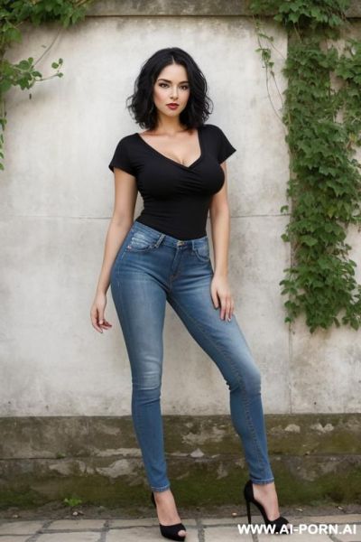 Pretty, brazilian, caucasian, 30, short wavy hair, black hair, natural boobs, slight smile, makeup, eye shw, standing, spreading legs, v-neck t-shirt, jeans, blurred background, walled garden background. - ai-porn.ai - Brazil on pornintellect.com