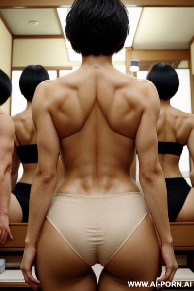 A japanese short haired woman showing back of the head is surrounded by muscle tall women - ai-porn.ai - Japan on pornintellect.com