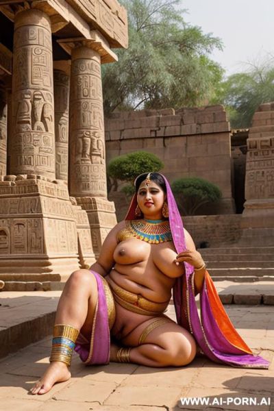 Ancient egyptian fifty years old chubby full naked female temple dancer with shaved vagina laying in a colourful indian garden - ai-porn.ai - India - Egypt on pornintellect.com
