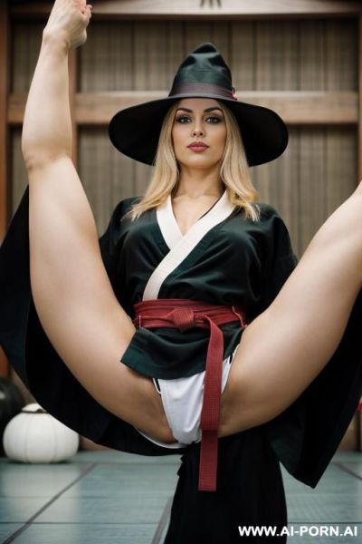 Busty blonde woman with a big butt posing beautifully, with her feet visible touching each other - ai-porn.ai on pornintellect.com