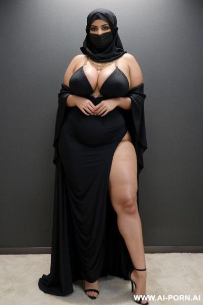 Niqab, burqa, gigantic boobs, earrings, neckless, big boobs in tight dresswide hips, big ass, round ass, thick thighs, full body view, narrow waist, high heels, hip chain, - ai-porn.ai on pornintellect.com